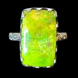 Genuine Green Gaspeite Turquoise Stone Sterling Overly Ring Size 8